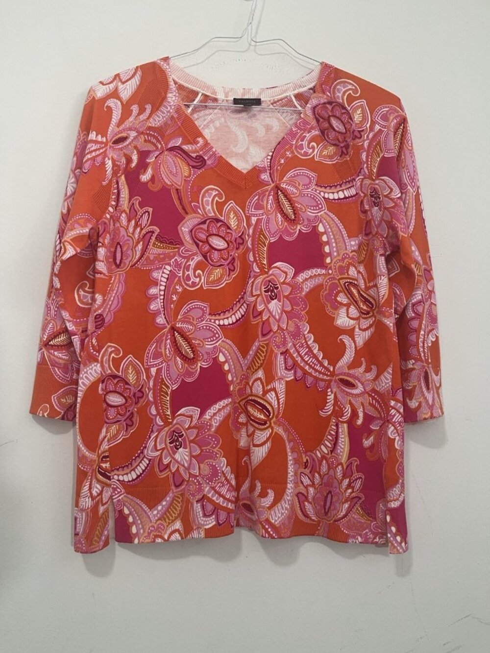 Talbots Floral Paisley V-Neck Sweater 3/4 Sleeve Orange Pink Lightweight Size M